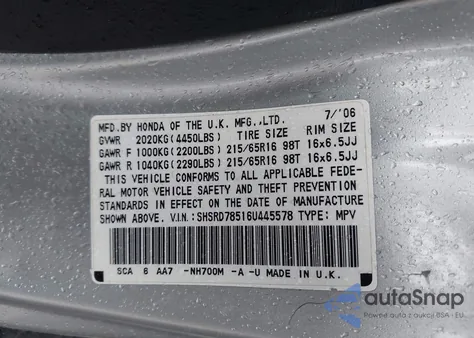 2006 Honda Cr-V Lx from USA, damaged, VIN SHSRD78516U445578